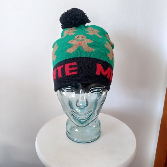 FREE w/$30 Purchase; Green and Black "Bite Me" Gingerbread Man Beanie Toque Hat - Picture 2 of 6